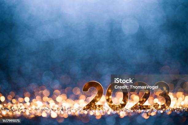 Happy New Year 2023 Christmas Gold Blue Glitter Stock Photo - Download Image Now - 2023, New Year's Eve, New Year