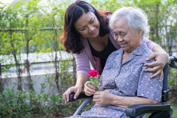 la fille soignante embrasse et aide une vieille dame asiatique âgée ou âgée tenant une rose rouge sur un fauteuil roulant dans un parc. - démence photos et images de collection