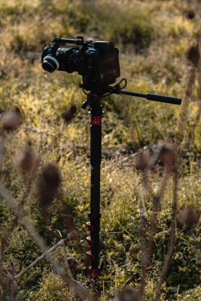 istock Vertical shot of a black camera on the grass 1417992242