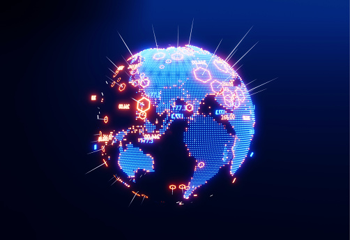 Neon planet Earth hologram with counting number and lit up industrial and financial regions. Business finance background 3D rendering illustration