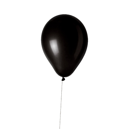 Hand hold blank black balloon mock up isolated. Balloon with black ribbon art design mockup holding in hand. Dark balon presentation. Grey baloon holer hand. Clear gray ballon ready for your logo.