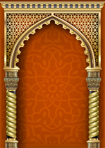 Arch of gold in the oriental style with Arabic traditional ornaments in vector graphics.
