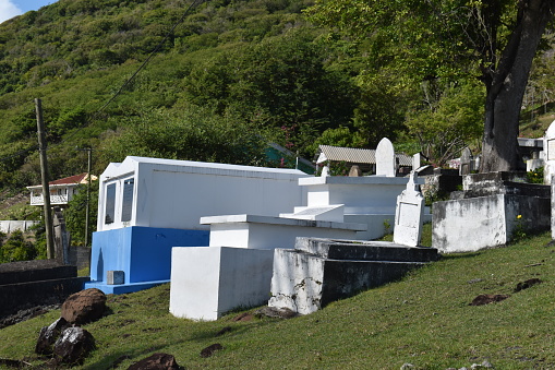 Windward, Carriacou, Grenada - August 19, 2022 - A Cemetery in Windward which is located on the Grenadian island of Carriacou.