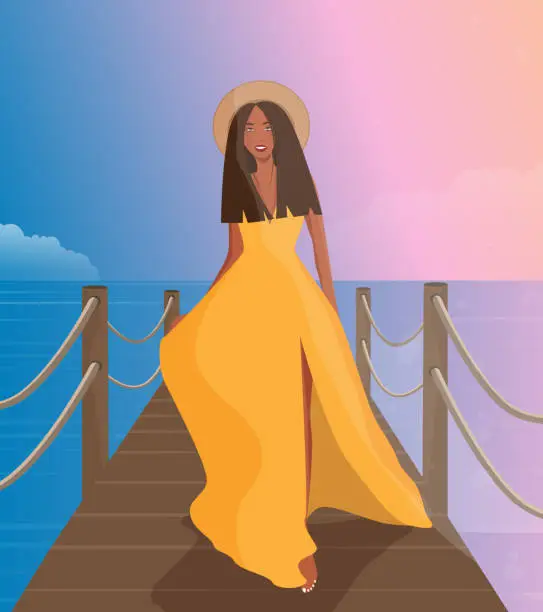 Vector illustration of Vector illustration of a girl in a yellow light dress on vacation in the summer on the island walks along the beach walks along the pier and meets a pink sunset