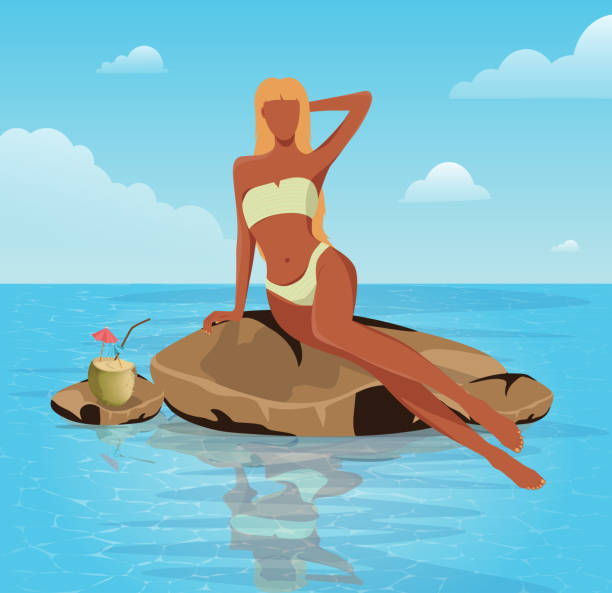 ilustrações de stock, clip art, desenhos animados e ícones de digital illustration of a beautiful slim blonde girl in a bikini resting on vacation at a resort posing on a stone with a coconut - infinity pool getting away from it all relaxation happiness