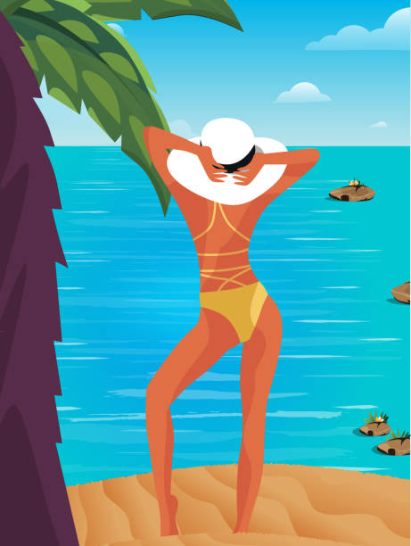 ilustrações de stock, clip art, desenhos animados e ícones de digital illustration of a beautiful slender girl relaxing in the tropics on the beach on vacation - infinity pool getting away from it all relaxation happiness