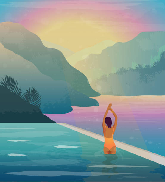 ilustrações de stock, clip art, desenhos animados e ícones de digital illustration of a girl in the pool on vacation among the fabulous nature on a bright sunset of the day - infinity pool getting away from it all relaxation happiness
