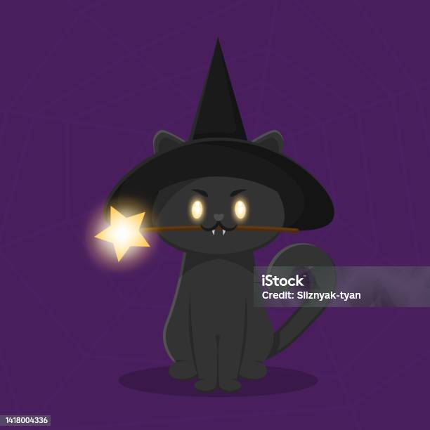Kucing Kartun Bertopi Penyihir Dengan Tongkat Sihir Di Mulut Ilustrasi