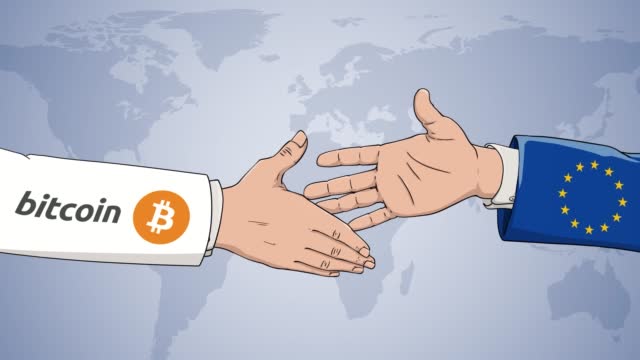 Cooperation between Bitcoin and European in front of world map. The concept of America, handshake, business agreement, politics, meeting, country flags, celebrate, international friendship relations, diplomats shaking hands, peace trade policy
