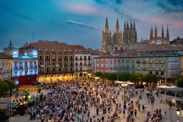 Burgos, Spain Cathedral and Plaza Mayor at Twilight stock photo