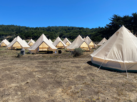 Glamping in meadow by ocean in northern California in the Sea Ranch.