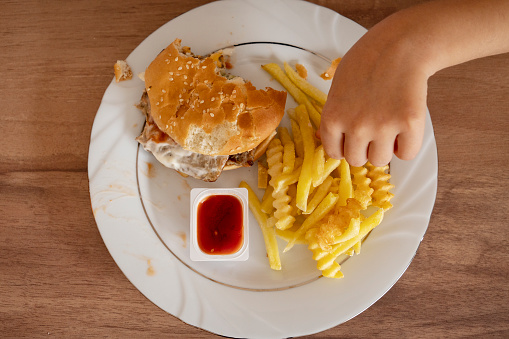 little girl eating burger with potato french fries