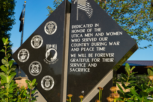 North Utica, Illinois - United States - July 14th, 2022: The Utica War Memorial on a beautiful Summer morning in North Utica, Illinois.