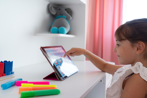 Cute Girl sitting at home and studying over internet