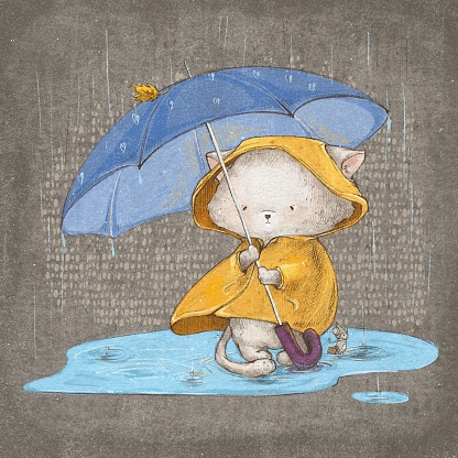 Hand drawed illustration of cute small kitten in yellow raincoat under blue umbrella in autumn rainy day with friend