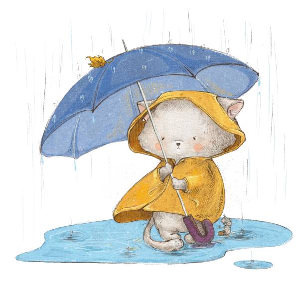 Illustration of cute kitten in the rain vector art illustration