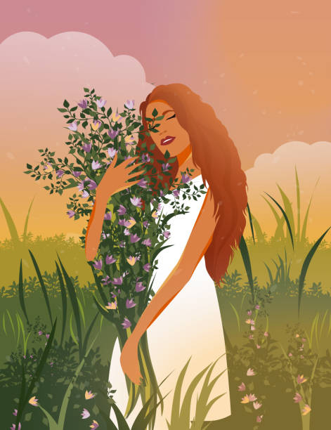 digitale illustration rothaariges mädchen frühling herbst mit einem strauß wildblumen freut sich in der sonne bei sonnenuntergang in der natur - grass branch wealth forest stock-grafiken, -clipart, -cartoons und -symbole