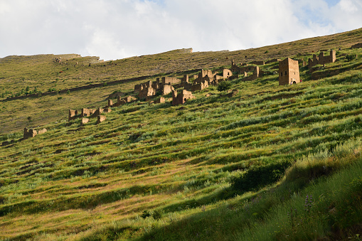 Ruins and towers of the abandoned village of Goor, Dagestan, Russia. Panoramic view of the ancient Goor settlement