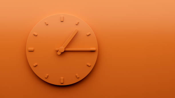 istock Minimal Orange clock 1:15 quarter past one o'clock abstract Minimalist wall clock 13:15 or one fifteen 3d Illustration 1418014668