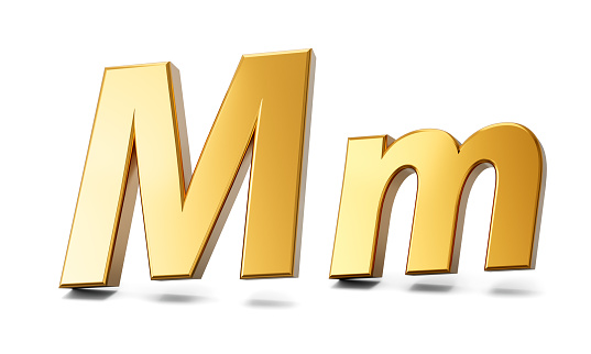 3d letter M in gold metal on a white isolated background, capital and small letter 3d illustration