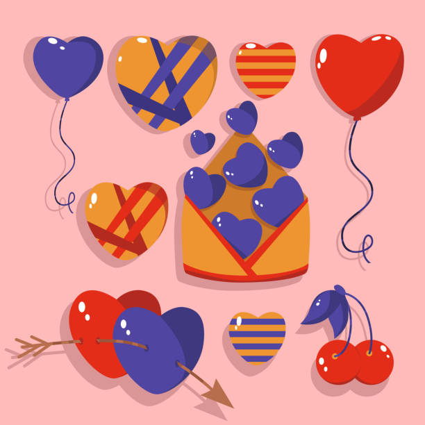 set of valentine's day or birthday stickers elements: different hearts, heart balloons, cherry, arrow, envelope with hearts. ideal for scrapbooking, greeting cards, party invitations, gift tags - cherry valentine 幅插畫檔、美工圖案、卡通及圖標