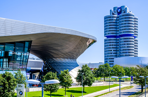 Munich, Germany - August 11: Famous BMW building (BMW Welt and Museum) near the Olympiapark in Munich on August 11, 2022