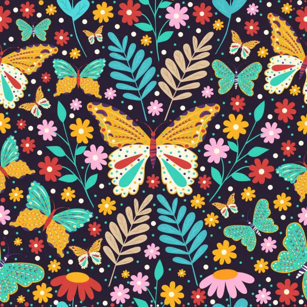 Vector illustration of Digital illustration pattern of bright beautiful butterflies flowers and plants on a dark background