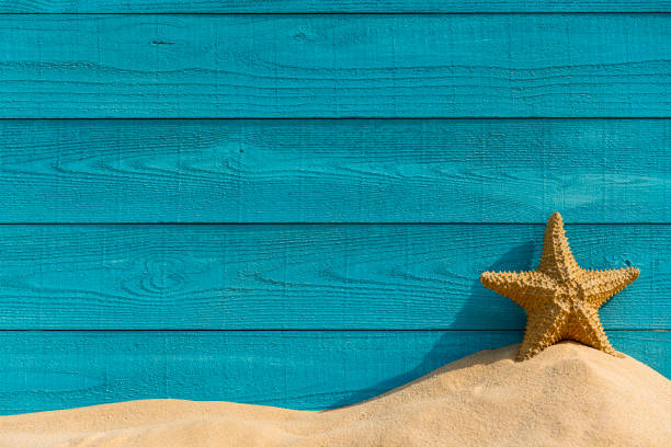 istock Turquoise colored wood grain plank wall, sand and tan starfish background 1418016948