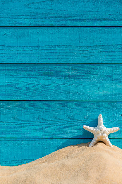 istock Turquoise colored wood grain plank wall, sand and white starfish background 1418017573