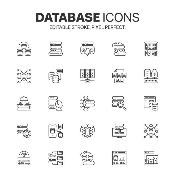 Database icon set. Line SQL icon pack. System, Access, Server, Backup and Relational Database symbol Editable stroke and pixel perfect vector. Database icon set. Outline modern style SQL icon pack. Minimal relational Database symbol. System, server, access, backup, server and more. database stock illustrations