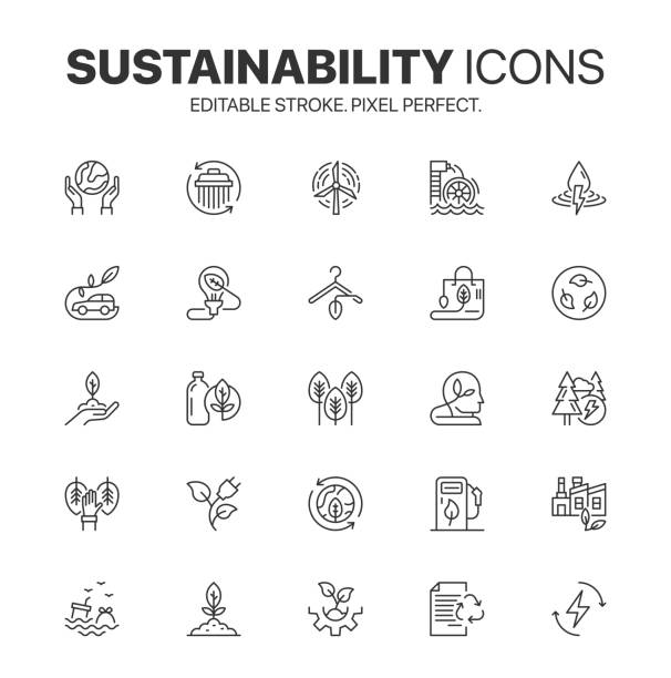 Sustainability icon set. Line Sustainable symbol. Environment and Ecology vector Sustainability icon set. Editable stroke and pixel perfect. Outline ensure definition, environment and sustainable symbol. Energy, organic, leaf, zero waste, recycle, renewable and more. sustainable fashion stock illustrations