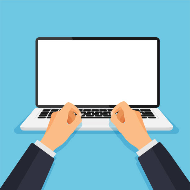 Man type or print on a keyboard in front of a blank white monitor. Man working at the computer. Boy type or print on a keyboard in front of a blank white monitor. Laptop template with empty screen. Vector illustration. typing on computer keyboard stock illustrations
