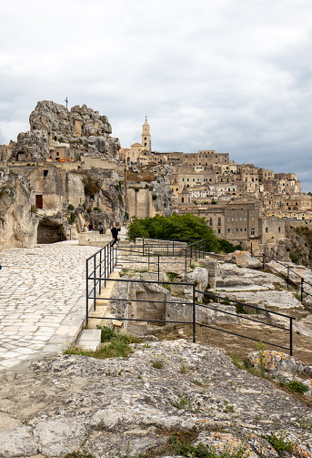 Matera, Italy - September 20, 2019: View of the Sassi di Matera a historic district in the city of Matera, well-known for their ancient cave dwellings. Basilicata. Italy
