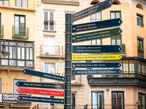 Pamplona, Spain - June 4, 2022: Directional Street Sign in Pamplona, Spain on the Camino de Santiago.