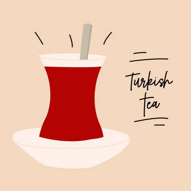 Vector illustration of Turkish tea glass flat illustration. Hot black tea with lettering.
