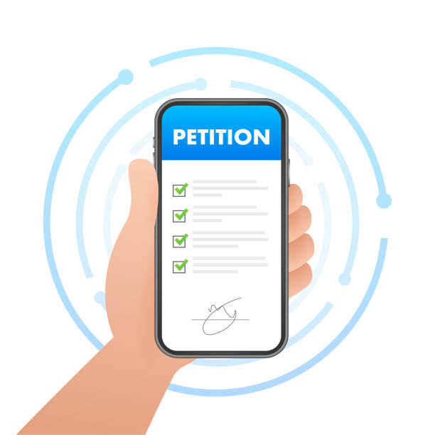 Petition form on phone screen. Making choice, democracy. Public welfare support. Petition form on phone screen. Making choice, democracy. Public welfare support petition stock illustrations