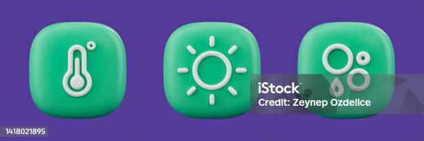 Humidity And Weather 3d Icons On A Green Button Outline Environment Icons 3d Rendering Stock Photo - Download Image Now