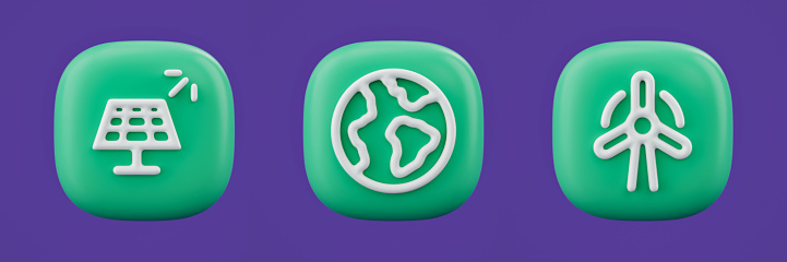 alternative energy generation 3d icon on a green button, outline energy and environment icon, 3d rendering,  simple outline icon