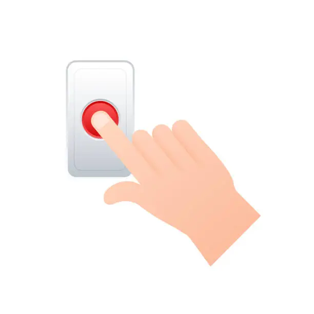 Vector illustration of Hand push the bell button at the front door. Flat button. Flat vector illustration. Home entrance.
