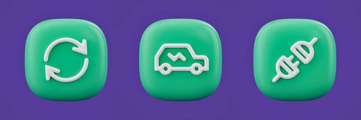 Environment icons, electric car 3d icons on a green button, white outline energy icons, 3d rendering, simple outline icon