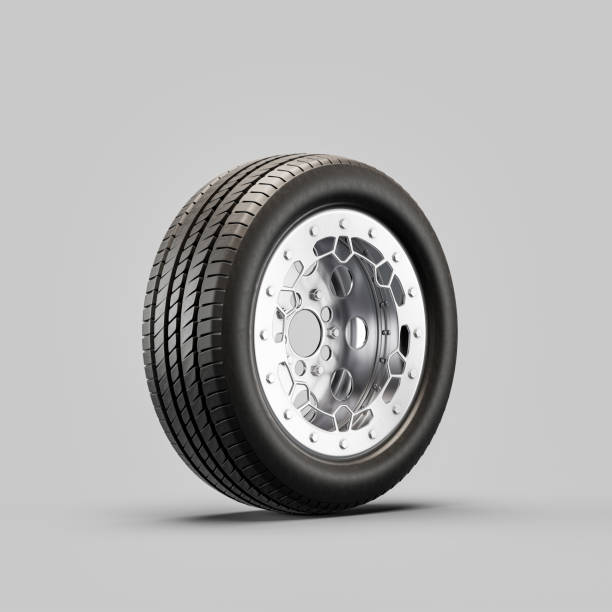 istock Car wheel on white background. Isolated car tire with shiny rim. Side view, 3d rendering 1418022418
