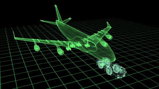 Simulation of aircraft ground handling services at an airport. / You can see the animation movie of this image from my iStock video portfolio. Video number: 1417760236