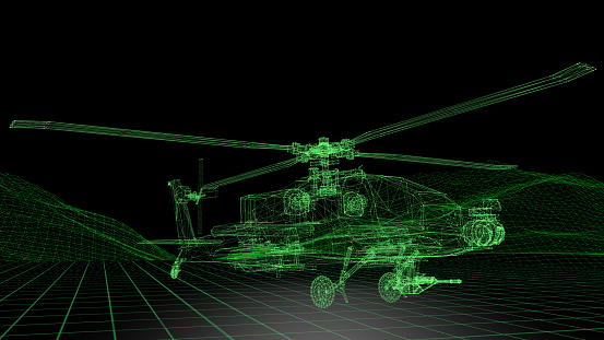 Simulation of a fighter helicopter taking off from a military airport. / You can see the animation movie of this image from my iStock video portfolio. Video number: 1417759724