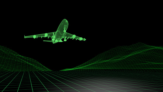 Simulation of passenger plane landing or taking off at an airport. / You can see the animation movie of this image from my iStock video portfolio. Video number: 1417760961