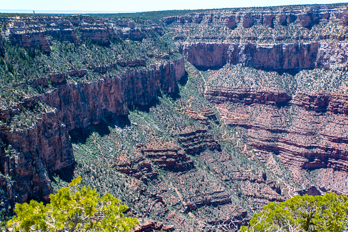 The Bright Angel Trail is the most traveled route from the South Rim to the Colorado River in Grand Canyon National Park. This image shows many of the over 100 switchbacks on the trail as it descend the steep canyon wall.