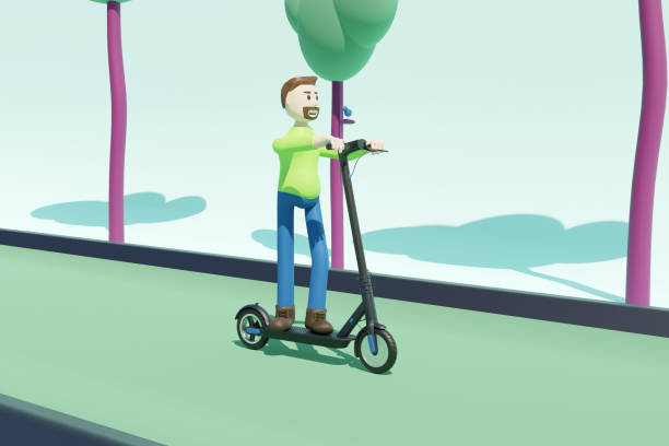 illustrazione 3d di un giovane che guida il suo scooter elettrico. concetto di mezzo di trasporto non inquinante ed ecologico. - nonpolluting foto e immagini stock