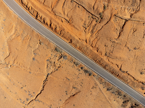 aerial view of asphalt straight road in wasteland desert