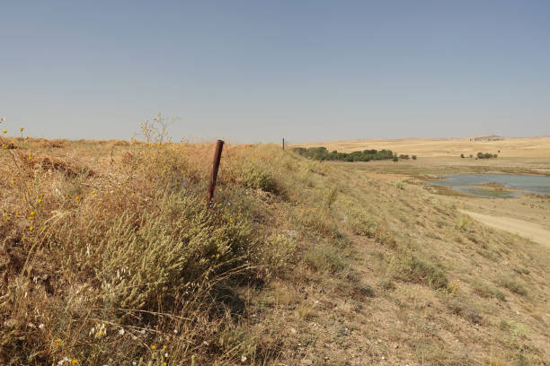 istock barbed wire fence damaged in the field, 1418029486
