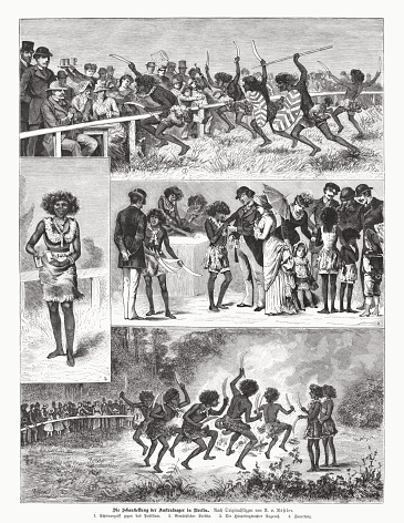 The Display of the Australian Aborigines in Berlin: 1) Mock attack on the audience; 2) Relaxed encounters; 3) Tagarah - the chief's daughter; 4) Fire dance. Wood engravings after drawings by Adalbert von Roessler (German painter, 1853 - 1922), published in 1885.