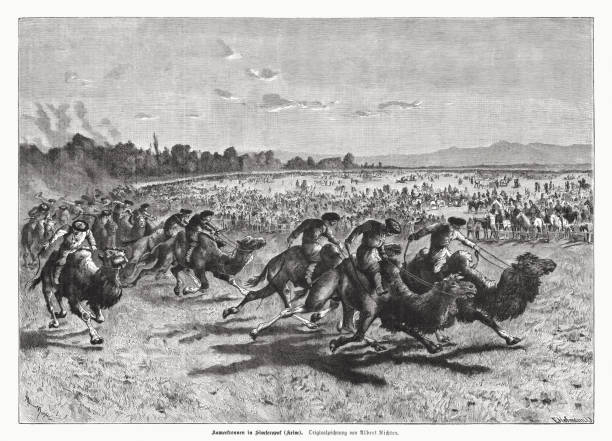 Historical view of a camel race in Simferopol, Crimea, Russia. Wood engraving after a drawing by Albert Richter (German painter, 1845 - 1895), published in 1885.